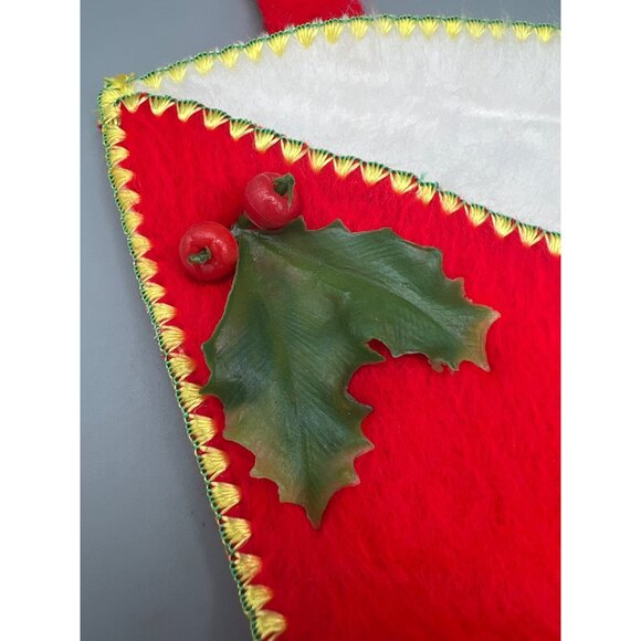 Vintage Christmas Stocking High Heel Boot with Bells and Holly Soft Fur 15" Tall - Picture 7 of 9